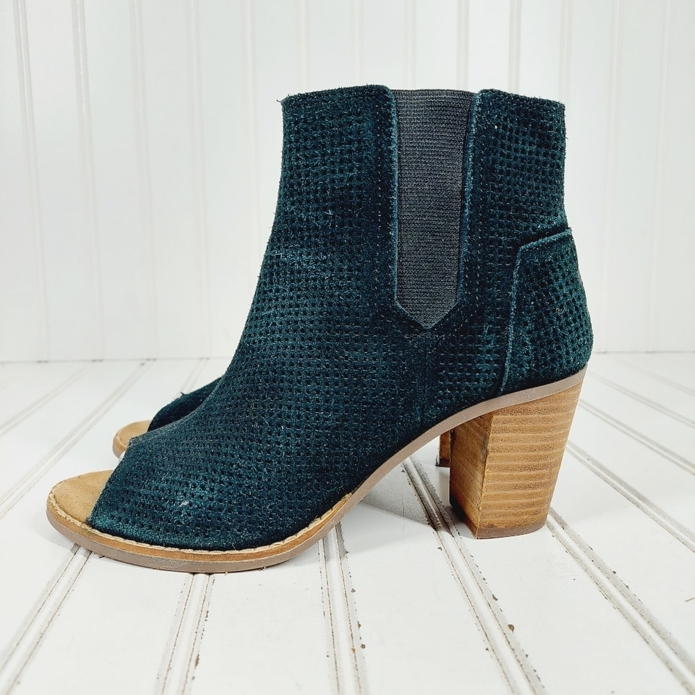 Toms Majorca Ankle Boots Black Suede Comfort Block Heel Peep Toe Zip F605